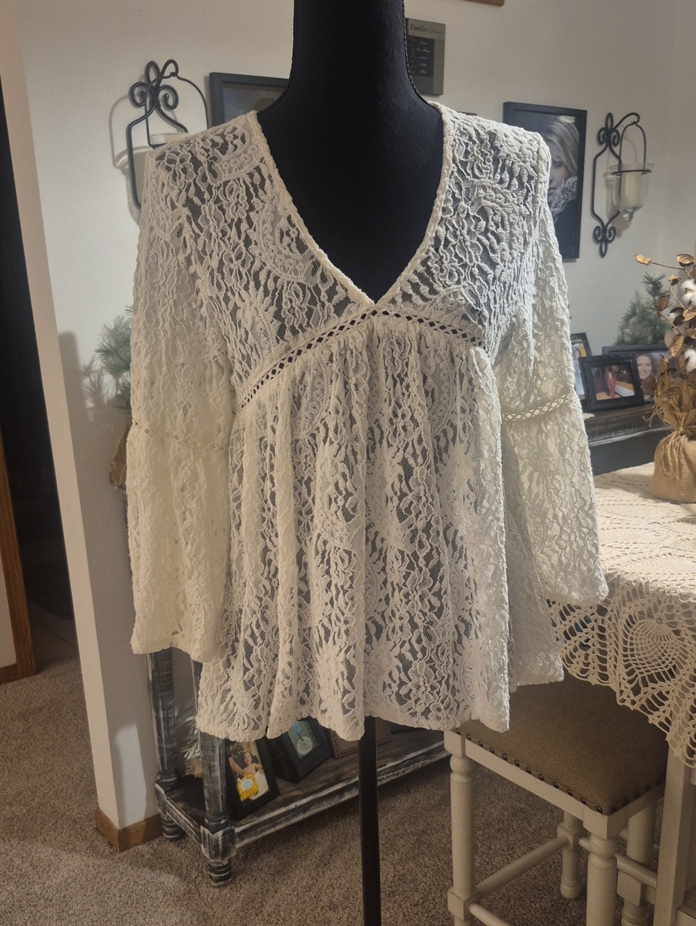 Anama Cream Lace V-Neck Peasant Blouse